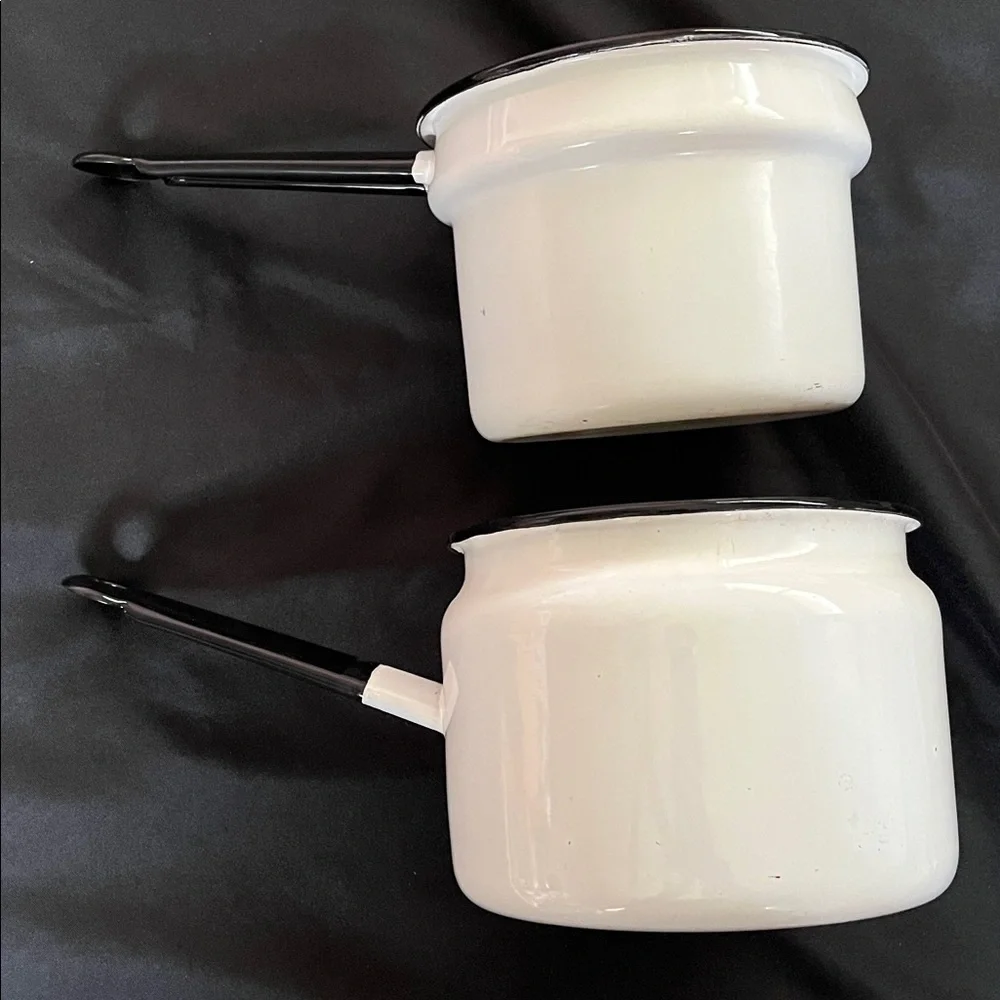 Vtg White W/Black Trim Enamelware Double Boiler Farmhouse Chic *NO LID*